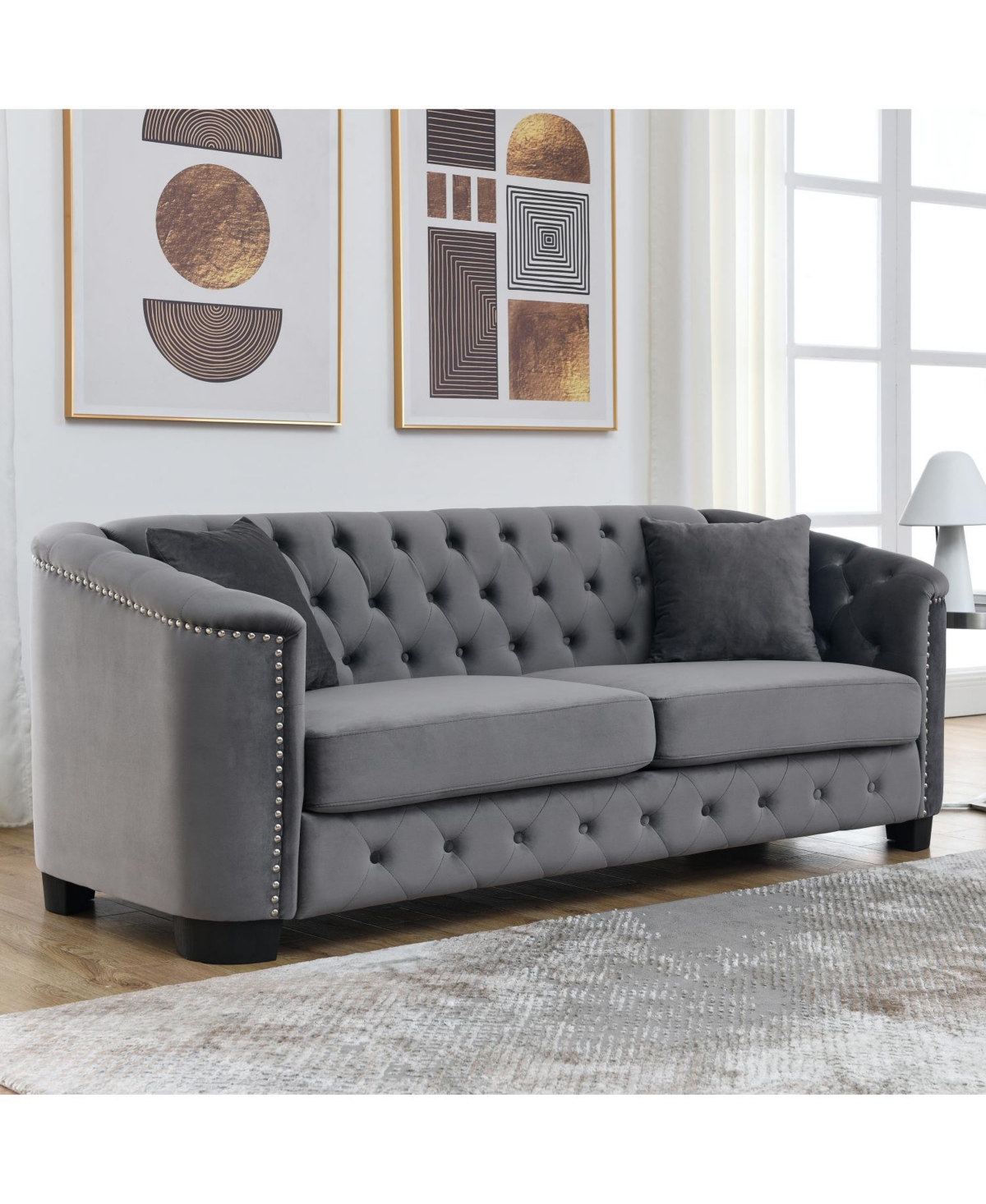 Streamdale Furniture 77" Modern Chesterfield Velvet Sofa, Tufted 3-Seater, Nailhead Arms (Grey