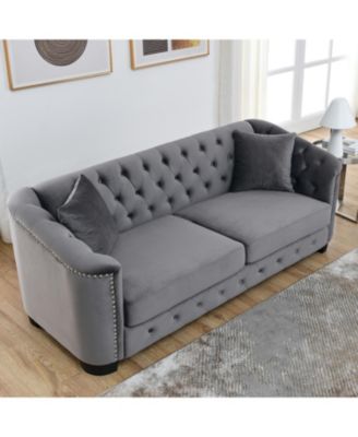 77" Modern Chesterfield Velvet Sofa, Tufted 3-Seater, Nailhead Arms (Grey