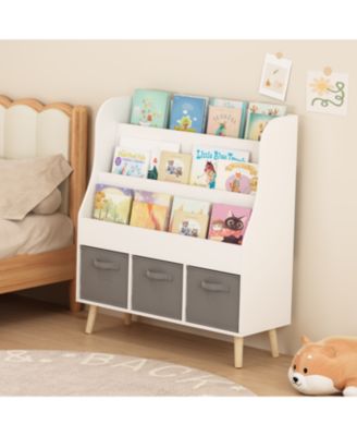 Streamdale Kids Bookshelf with 3 Fabric Bins White Wooden Book Organizer