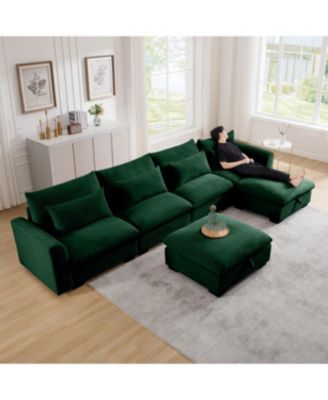 Green Corduroy U-Shaped Sectional Sofa with Storage Ottomans