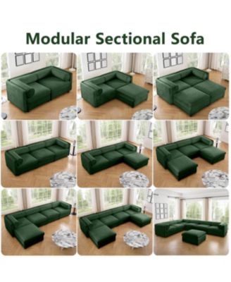 Elegant Green Chenille L-Shaped Sofa with Storage and Ottoman.