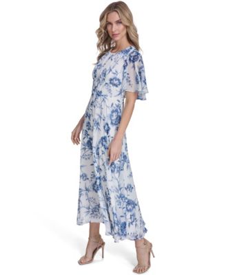 Women's Cape-Sleeve Smocked Printed Dress