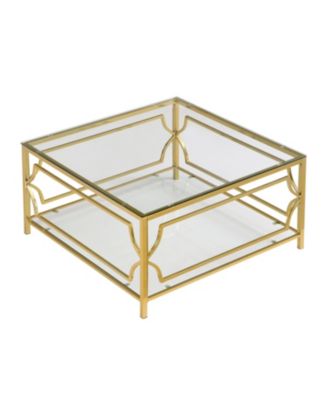  Square Glass Coffee Table, Gold Geometric Frame, Lower Shelf