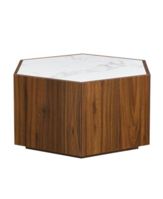 Rustic Hexagonal Coffee Table, Drawers, Marble Top, Light Oak