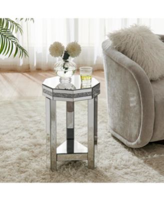 Mirrored Octagon End Table with Crystals, 2-Tier Silver Accent Table