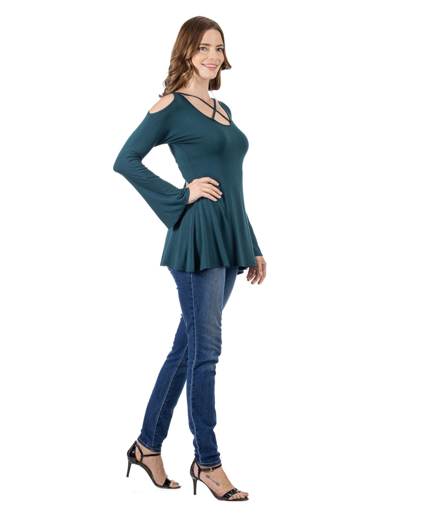 Женский топ 24seven Comfort Apparel Criss-cross Cold Shoulder Long Sleeve, цвет: Тёмно-зелёный — фото 2