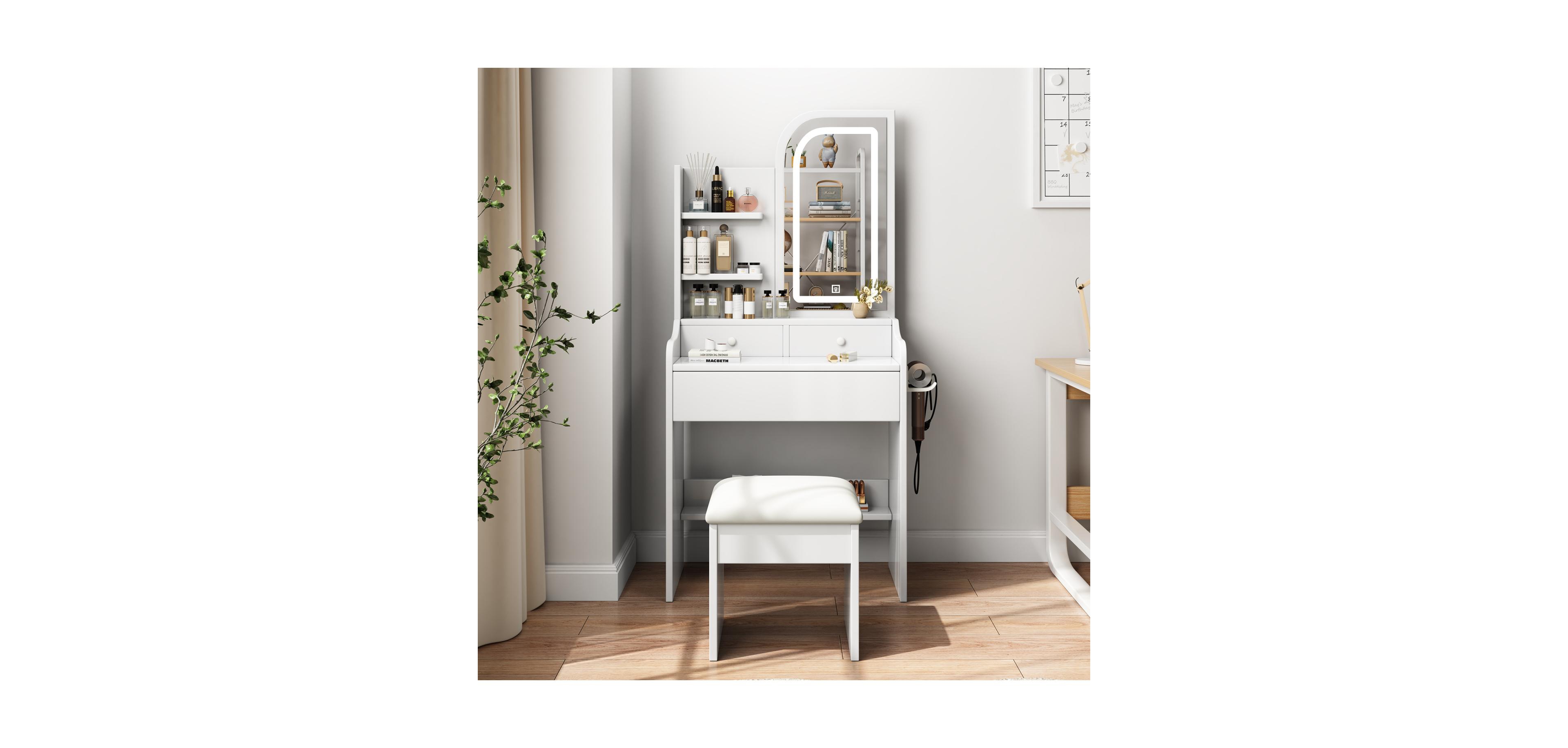 Streamdale Furniture Sturdy Makeup Table with Adjustable Led Mirror and Ample Storage