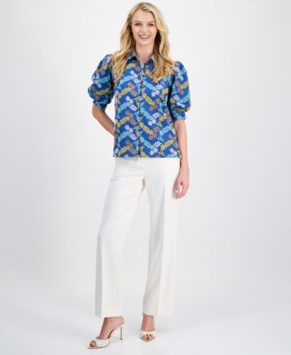 Women's Embroidered Puff-Sleeve Button-Front Blouse