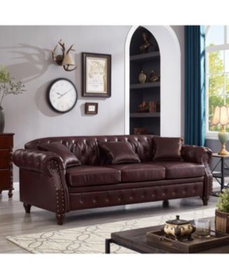 85.8" Chesterfield Sofa - Tufted Faux Leather PU - Burgundy