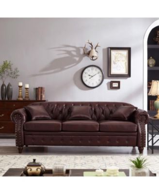 85.8" Chesterfield Sofa - Tufted Faux Leather PU - Burgundy