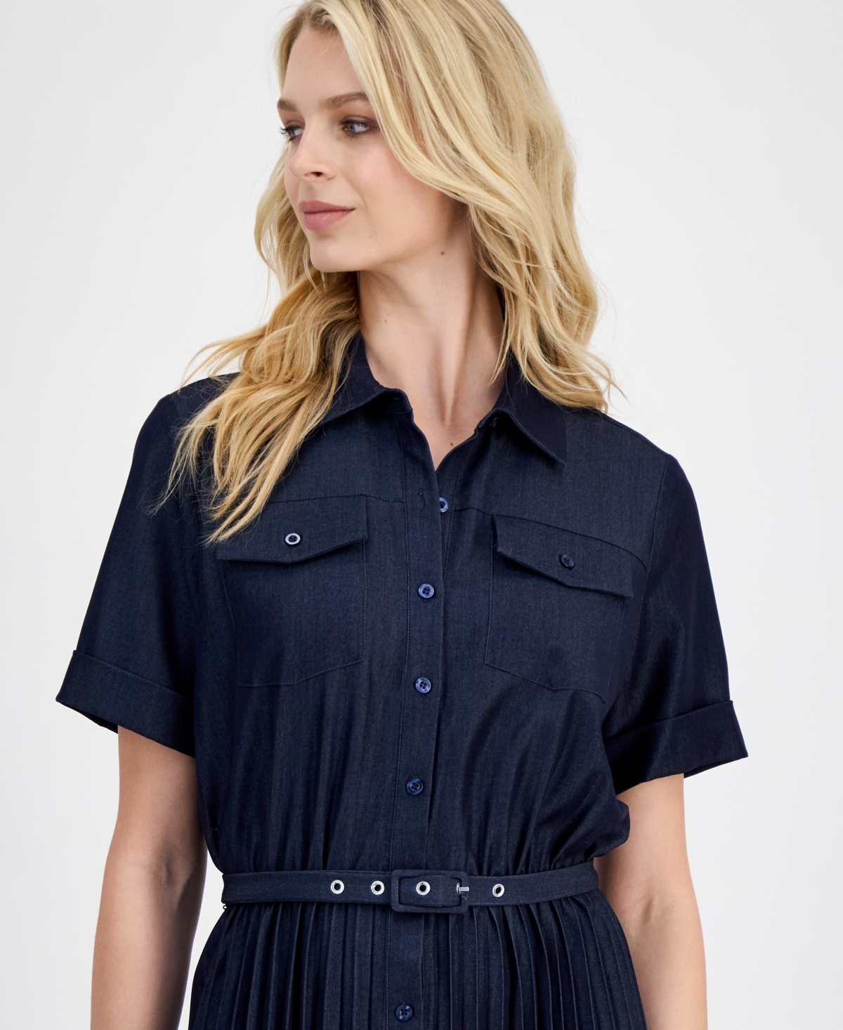 T Tahari Women's Belted Button-Front Midi Dress