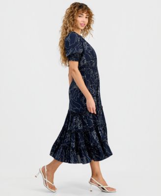Women's Floral-Print Smocked-Waist Elbow-Sleeve Dress