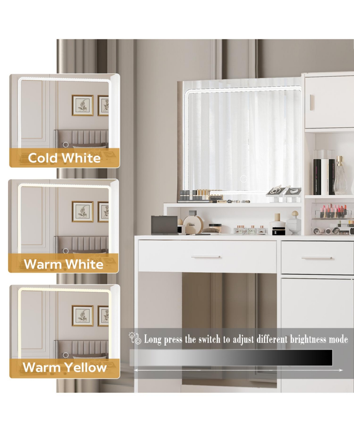 Streamdale Furniture Vanity Desk with Mirror, Led Light, Drawer & Storage