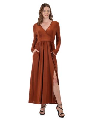 Women's Long Sleeve V-Neck Side Slit Maxi Dress