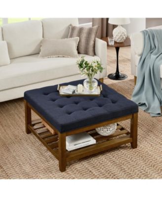 Streamdale Navy Blue Linen Tufted Ottoman w/ Wood Frame & Shelf