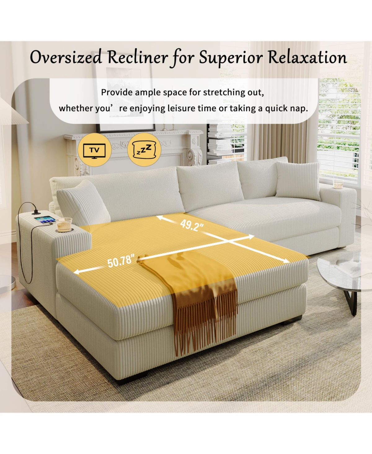 Streamdale Furniture Large Sectional Sofa Thick Cushions Cup Holders & Charging