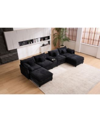 U-Shaped Chenille Sectional Sofa with Coffee Table (White)
