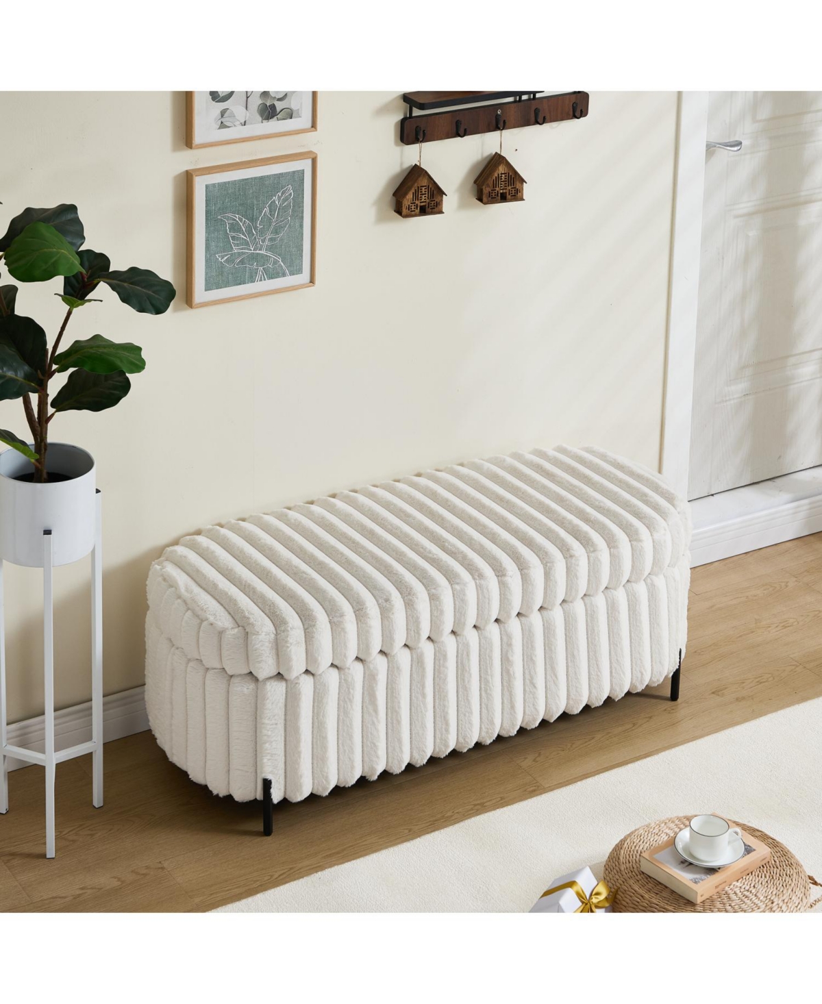 Streamdale Furniture Faux Fur Flip Top Storage Bench - Beige