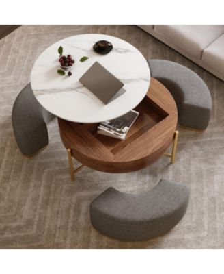 Lift-Top Coffee Table Walnut Veneer Ottomans