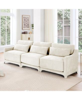 Beige Chenille 3-Seater Sofa with Lumbar Pillow