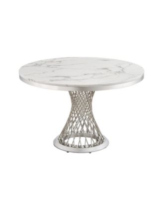 47" Round Marble Dining Table, High Gloss Faux Marble Top, Stainless Steel Base