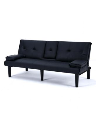 67" Black PVC Multifunctional Sofa Bed with Foldable Design & Cup Holder