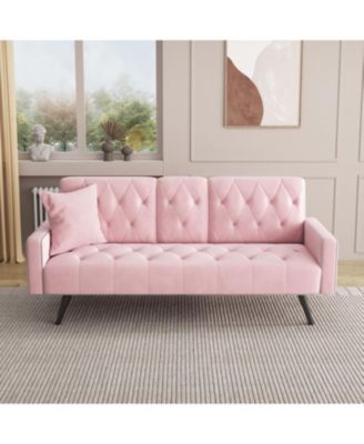Pink Velvet Sofa Bed with Nailhead Trim & Cup Holders