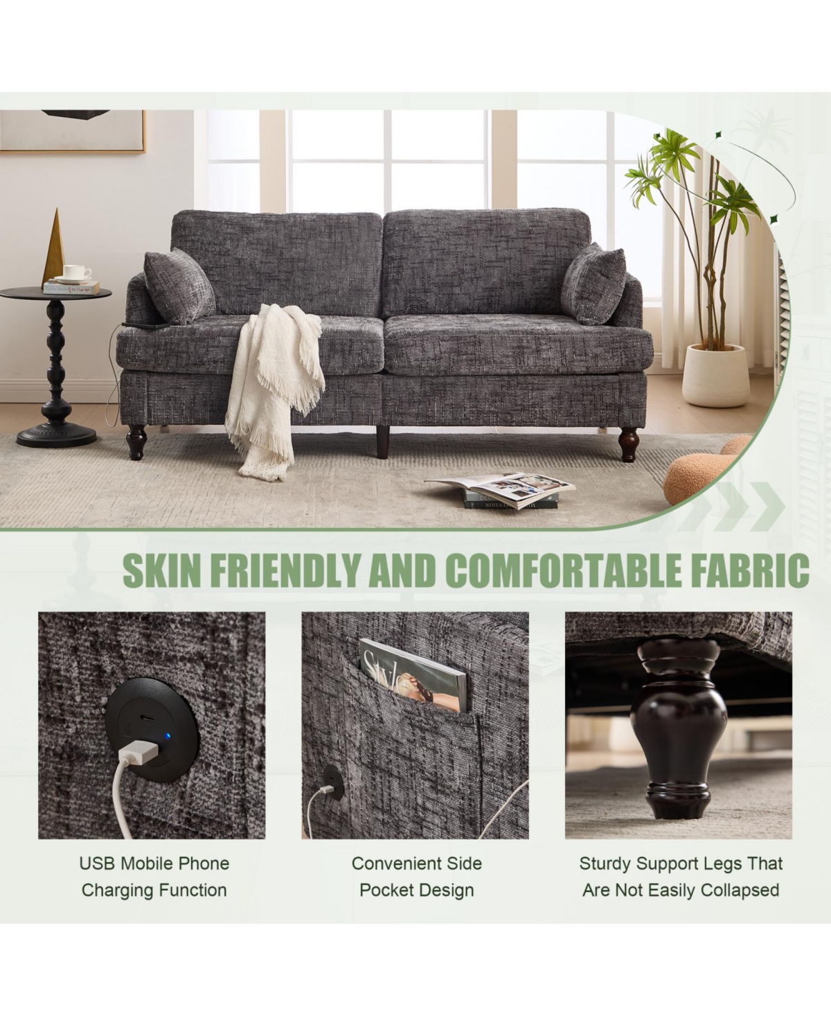 Streamdale Furniture Modern Chenille 2-Seater Sofa w/ Led