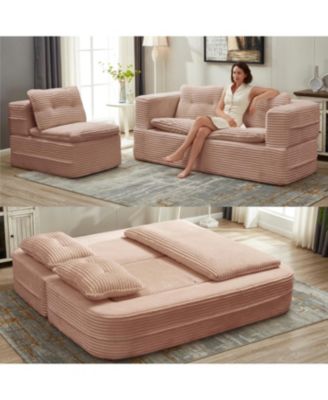 Corduroy Sectional Sofa Bed with Chaise & Blanket