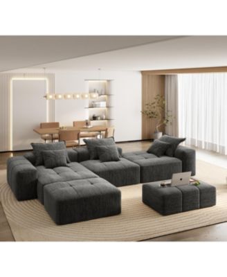 Modern Oversized Chenille Sectional Sofa with 6 Pillows, Black