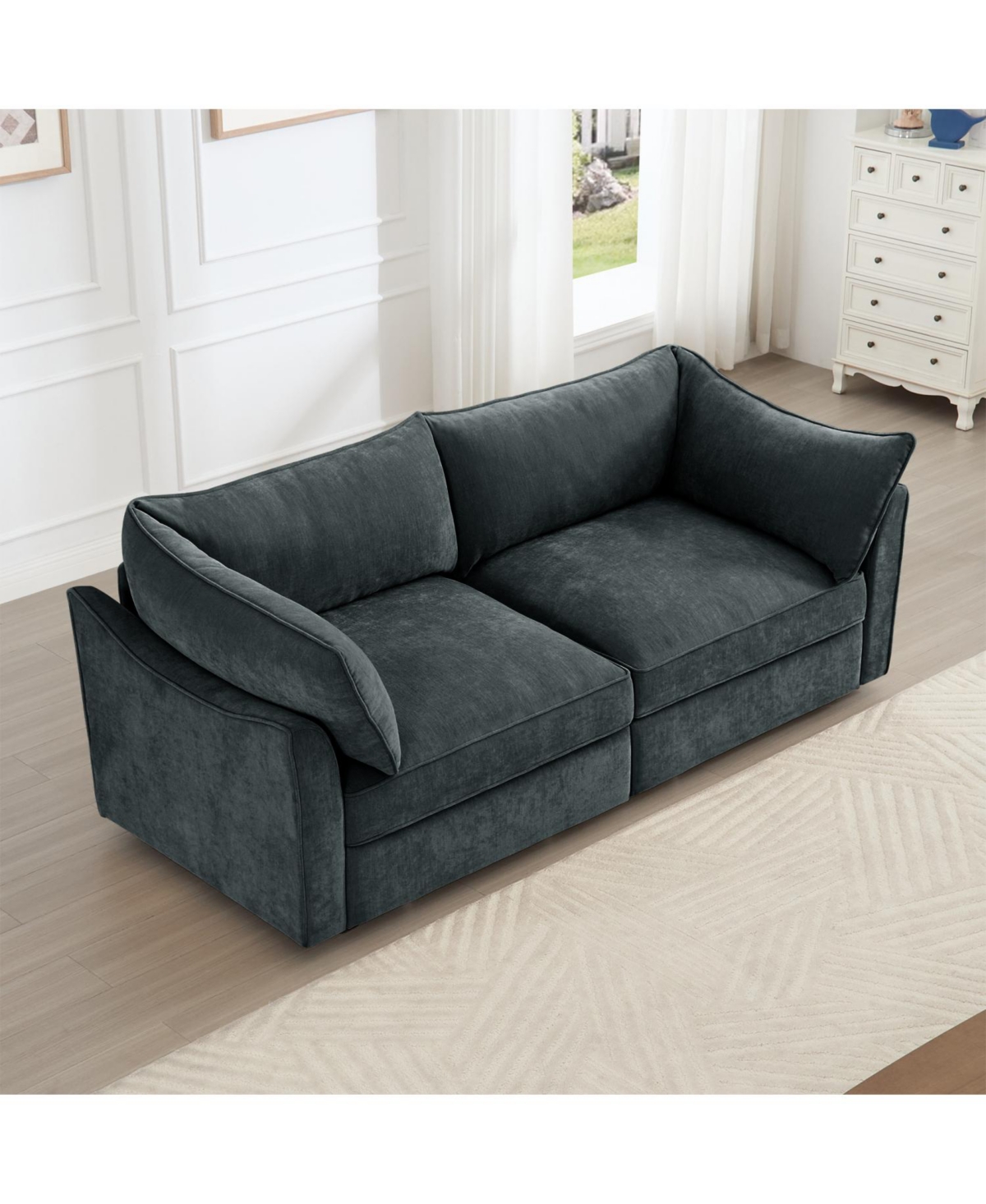 Streamdale Furniture 2-Seater Sofa w/ Pull-Out Storage, Crescent Arms, Chenille Gray