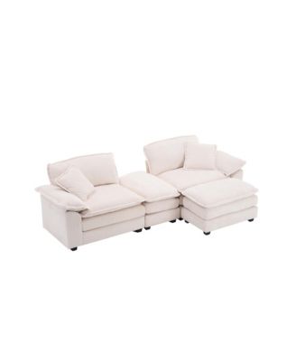 Corduroy 2-Seat Sofa with Pillows & Ottomans - White