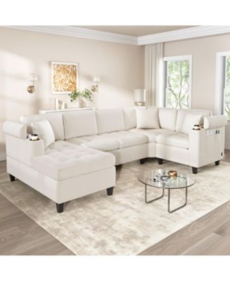 Modern U-Shaped Sectional Sofa with USB & Storage, Beige
