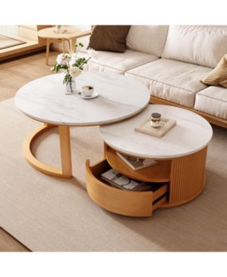  Round Marble Top Nesting Coffee Table, 2-Tier Storage, Drawer, Natural, 28.5"