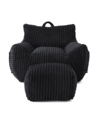 Giant Plush Bean Bag Chair w/ Footstool - Comfy Black Lounge Sofa