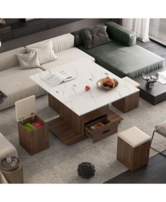 Lift-Top Coffee Table with 4 Stools, Hidden Storage & Drawers