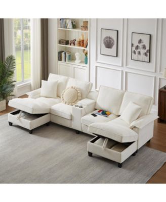 120" Corduroy Sectional Sofa Bed w/Storage, Cup Holders