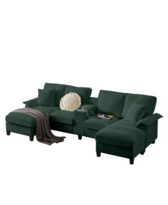 120" Corduroy Sectional Sofa Bed with Storage, U-Shape, Green
