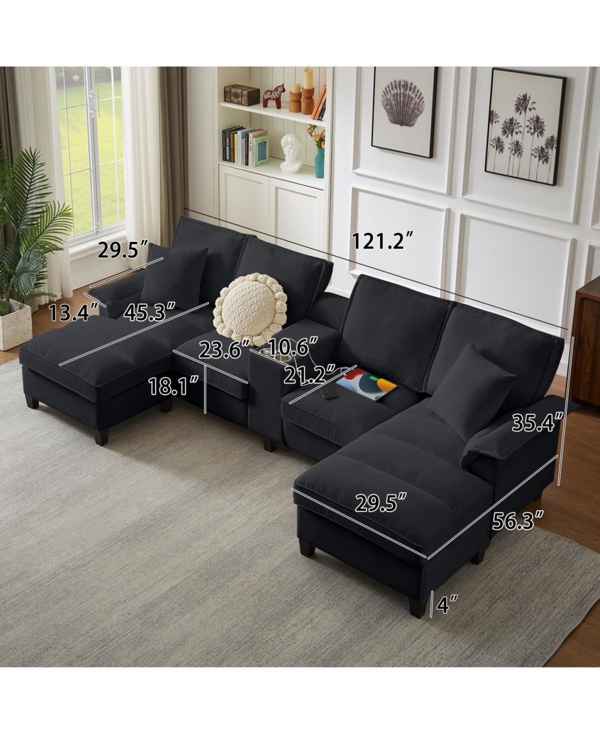 Streamdale Furniture Corduroy Sectional Sofa Bed w/Storage, U-Shape, 4-Seater, Cup Holders