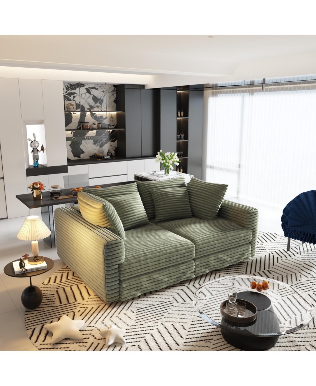 Streamdale Furniture Corduroy 4-Seat Sofa, Modern Comfy Cloud Couch with Pillows, Green