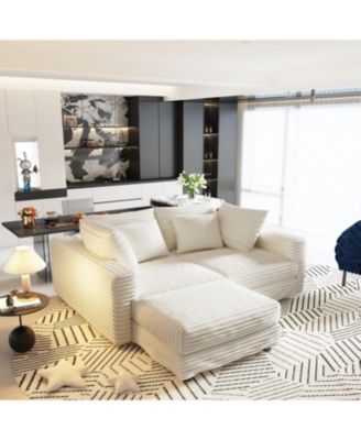 Plush Corduroy 4-Seat Sofa with Ottoman - Beige