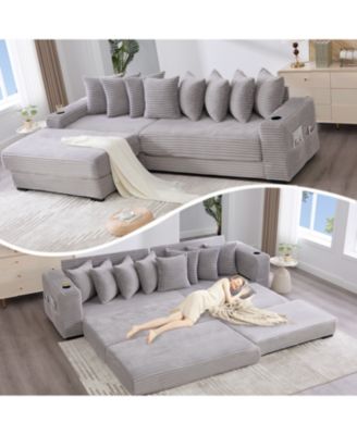Corduroy L-Shaped Sectional Sofa w/ Ottoman, Pillows & Cup Holders - Light Gray