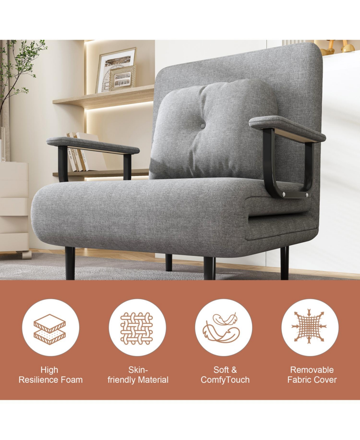 Streamdale Furniture Folding Sofa Bed Chair - 5-Position Adjustable Backrest (Grey