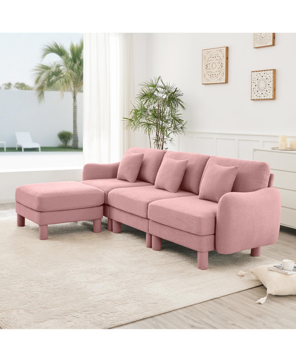 Streamdale Furniture Pink Boucle Convertible Sectional Sofa with Ottoman