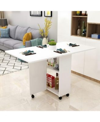 Folding Drop Leaf Dining Table with Wheels & Storage - White