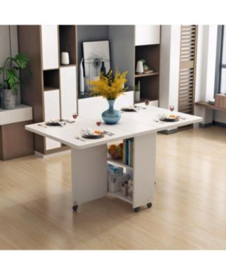 Folding Drop Leaf Dining Table with Wheels & Storage - White