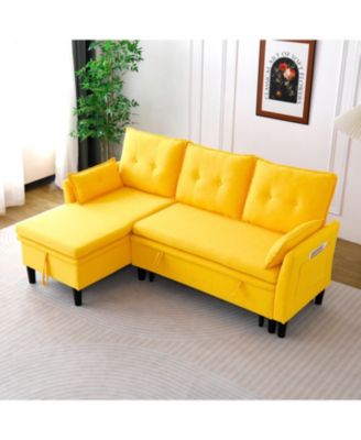  L-Shaped Sectional Sofa w/ Storage - Yellow Cotton-Linen