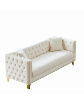 80" Chesterfield Velvet Sofa, 3-Seater, Button Nailhead, Beige