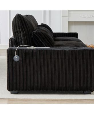 Corduroy L-Shaped Sofa w/ Cup Holder, USB, Pillows & Movable Footrest