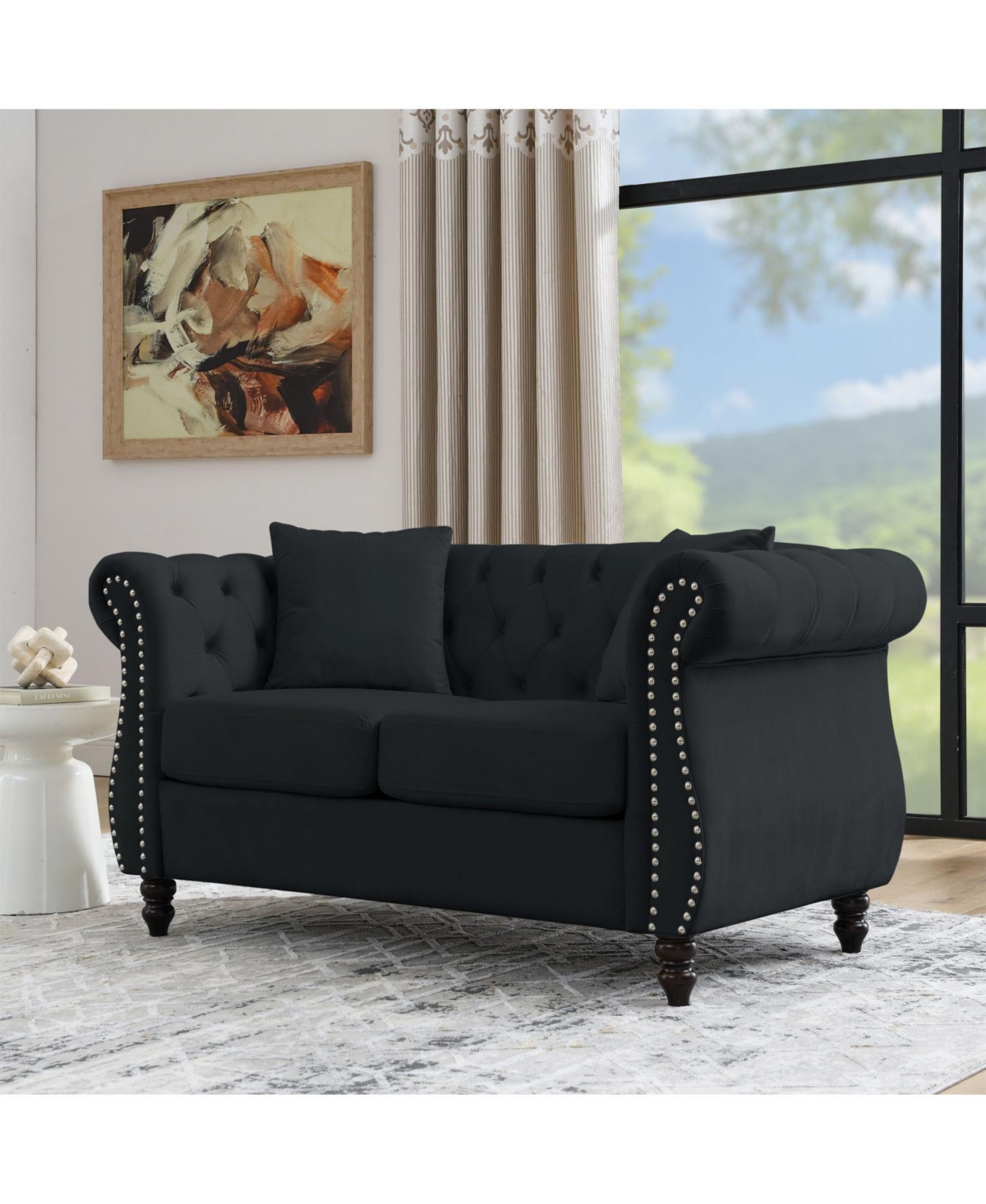 Streamdale Furniture Black Velvet Chesterfield Sofa, 2 Seater, Tufted, Rolled Arms, Nailhead, 2 Pillows